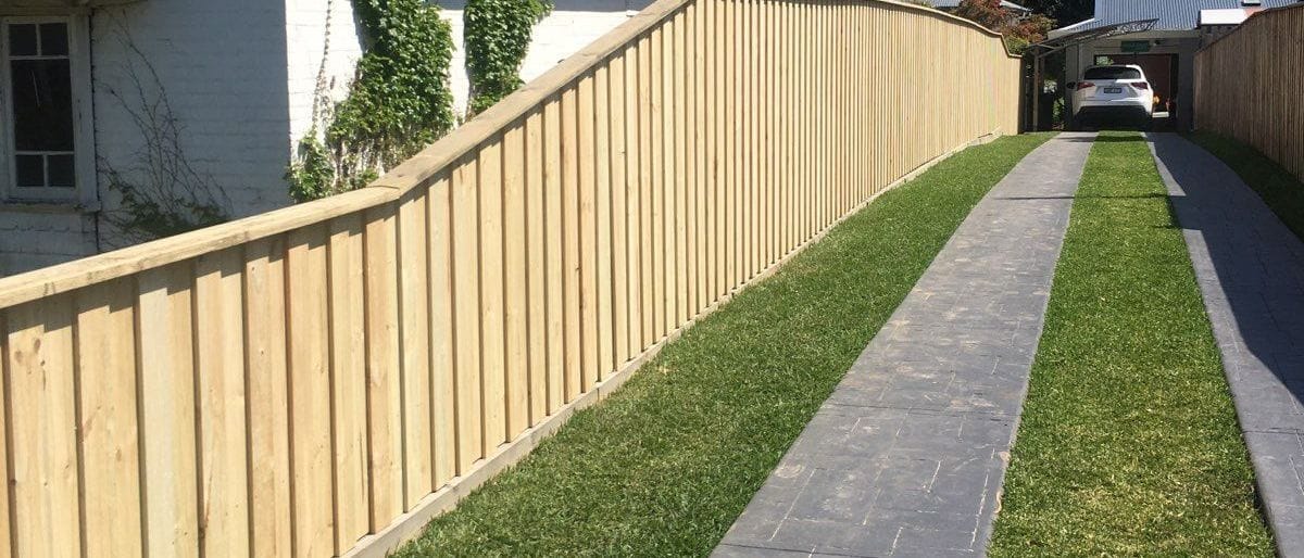 Treated pine timber fence installed along a narrow paved side access path between two Sydney homes